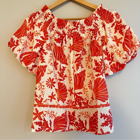 NWT, CeCe, Orange and White Blouse, Puffed Sleeves, Women's Size Medium - Picture 8 of 11